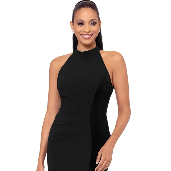BETSY & ADAM Mariana Short Halter Crepe & Velvet Slit Cocktail Dress Black 6 - Picture 8 of 8